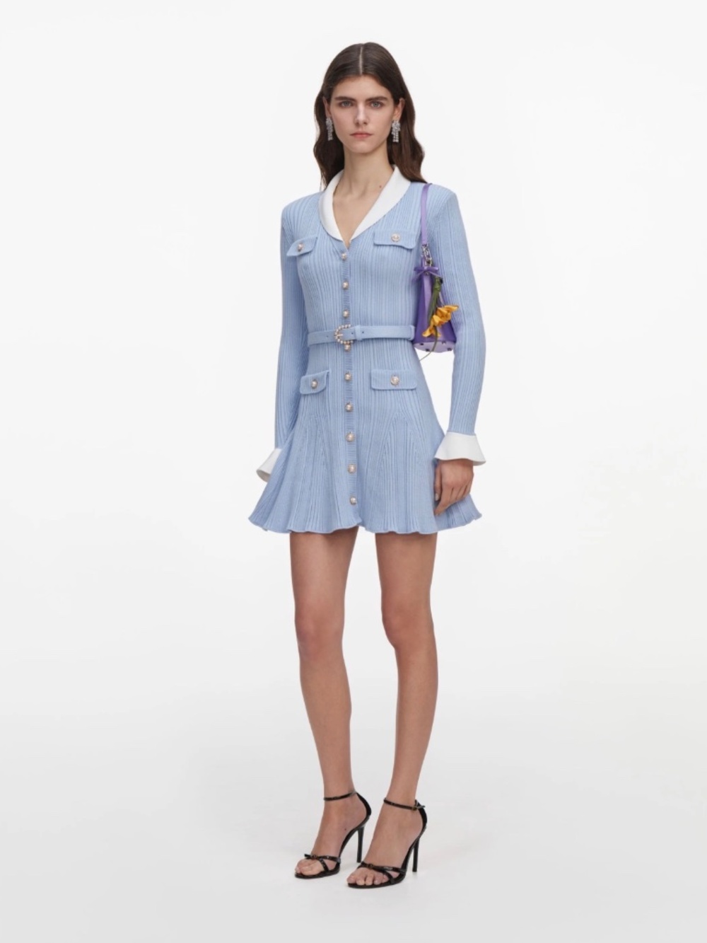 Self-Portrait BLUE RIBBED KNIT MINI DRESS - Picture 2 of 6